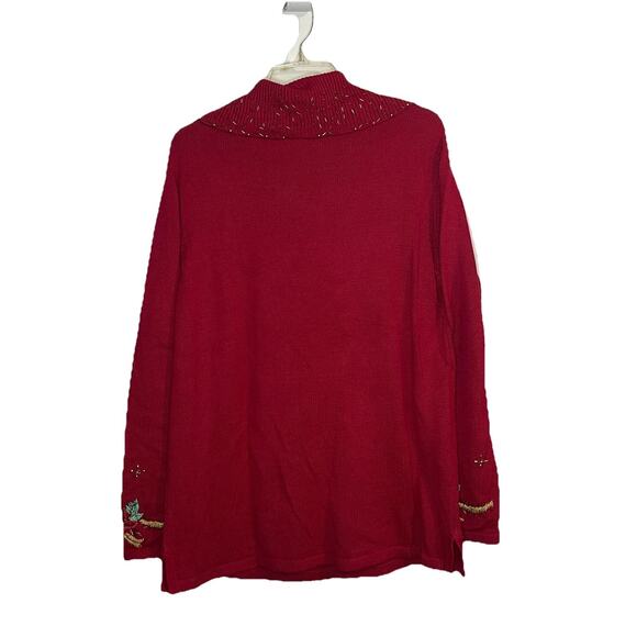 Theme Works Kikit Christmas Sweater Red Beaded Poinsettia Embroidered Size Large - Picture 2 of 8